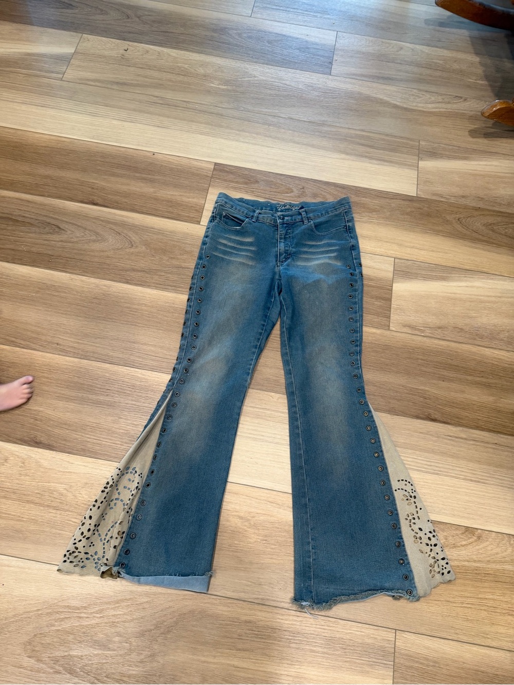 Y2K Blue Flared Jeans with Laser-Cut Side Panels